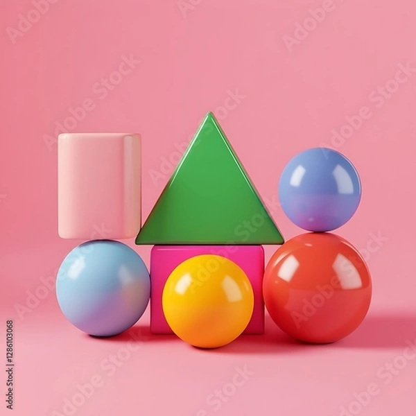 Obraz Colorful Geometric Shapes Arrangement on a Pink Background for Creative Design Projects