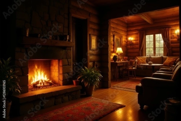 Fototapeta Warm glow of a fireplace casting dynamic shadows on a cozy log cabin interior intimate and rustic ambiance