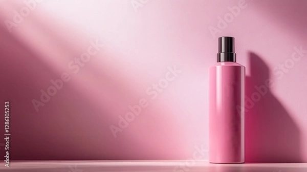Fototapeta A glossy pink cosmetic bottle stands elegantly on a minimalistic surface, enhanced by soft lighting that beautifully highlights its sleek design and femininity.