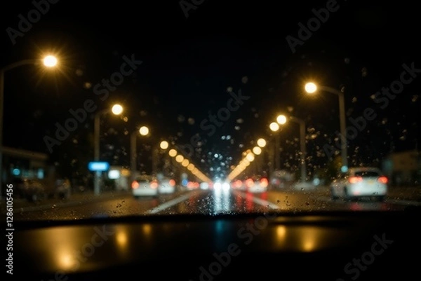 Fototapeta Streetlights reflecting on a wet car windshield creating surreal and abstract bokeh effects nighttime driving aesthetic
