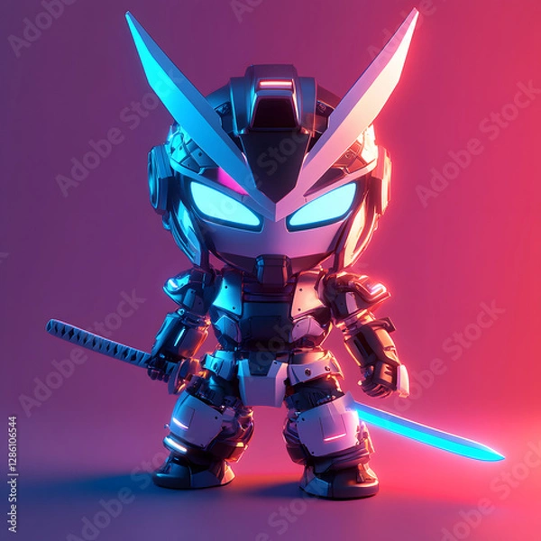 Fototapeta Cool Tiny Robot with Sword - Futuristic Anime Design