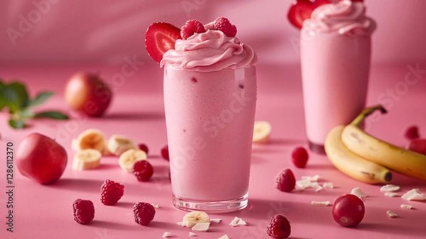 Obraz A vibrant fruit smoothie in a clear glass, surrounded by fresh ingredients and stylish props.