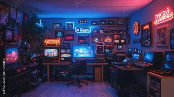 Obraz A retro gaming room filled with old consoles and neon signs