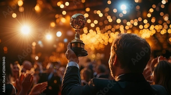Obraz Man Accepting Award On Stage With Golden Trophy
