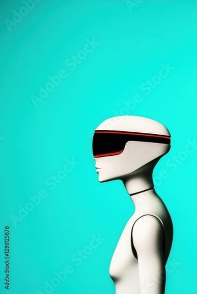 Fototapeta Futuristic robot profile with virtual reality headset on blue background