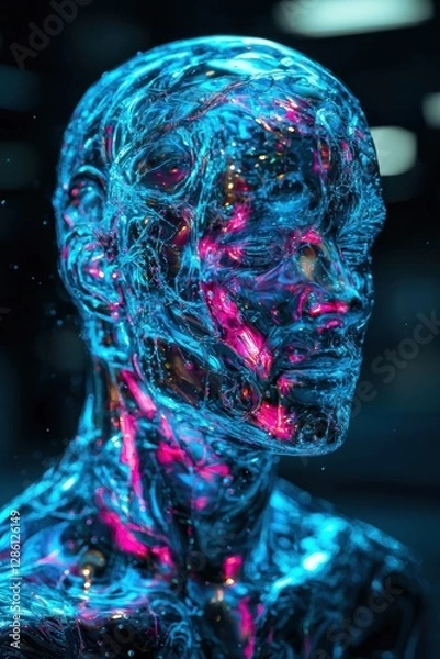 Obraz Futuristic Humanoid Figure with Glowing Blue and Pink Artificial Veins
