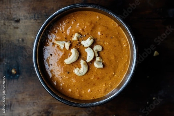 Fototapeta Spicy cashew cream soup in a bowl on a rustic wooden table