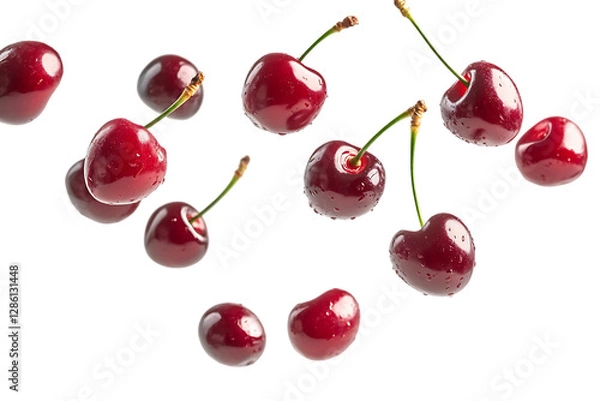 Fototapeta Juicy red cherries falling on black background.