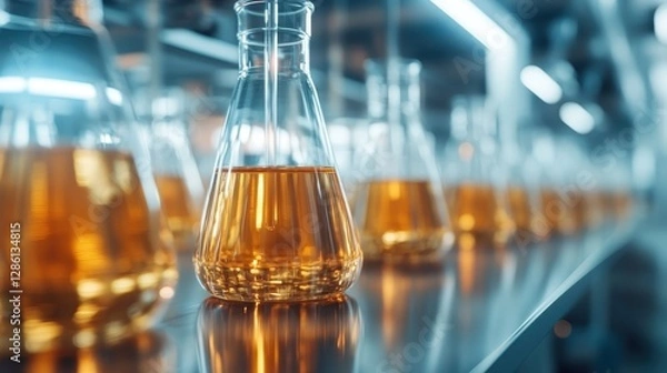 Fototapeta A captivating display of laboratory glassware filled with a golden liquid, symbolizing scientific exploration and discovery, enhanced by dramatic lighting and a modern aesthetic.