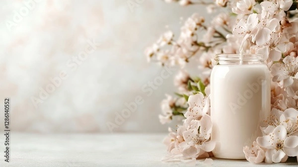 Fototapeta A glass jar filled with milk is beautifully surrounded by delicate cherry blossoms, creating a serene and calming atmosphere perfect for nature-themed visuals.