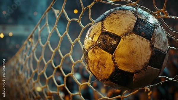 Obraz Worn Soccer Ball In Net After Goal