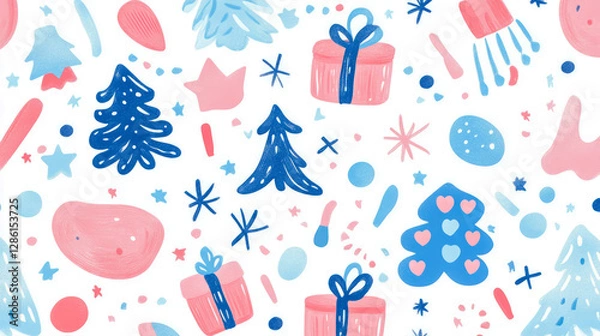 Fototapeta Festive Christmas Season Pattern for Fabric, Card, and Gift Wrap with Trees, Stars, and Presents