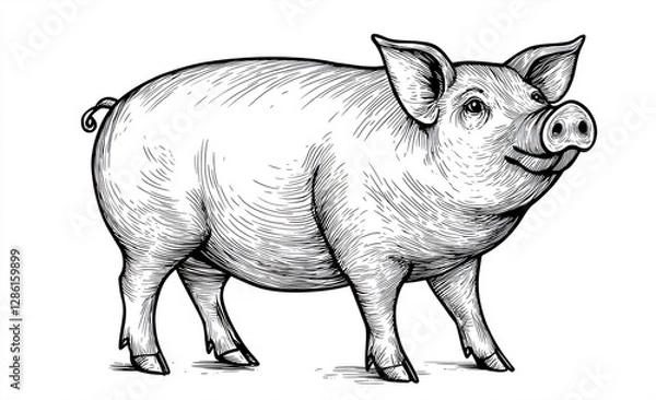 Fototapeta Whimsical Pig Vector Sketch: Black-and-White Isolated Art for Creative Projects and Global Merch