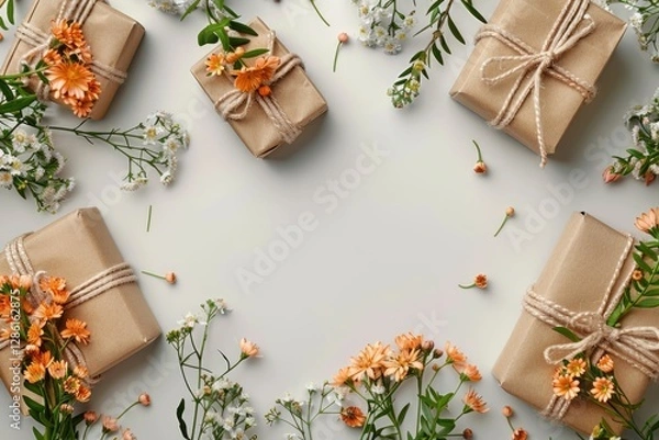 Fototapeta Kraft paper gift boxes adorned with delicate orange and white flowers, creating a charming arrangement.