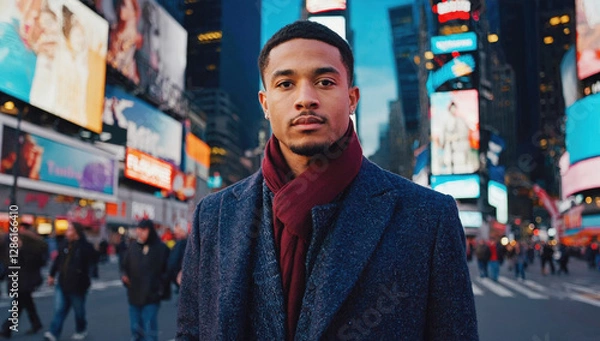 Obraz Portrait of a Confident Man in Times Square Amidst Vibrant Neon Lights and Urban Activity
