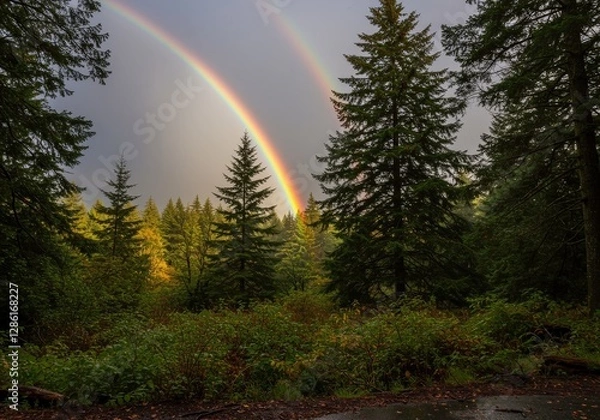 Obraz Double Rainbow Arcing Over Lush Evergreen Forest Landscape