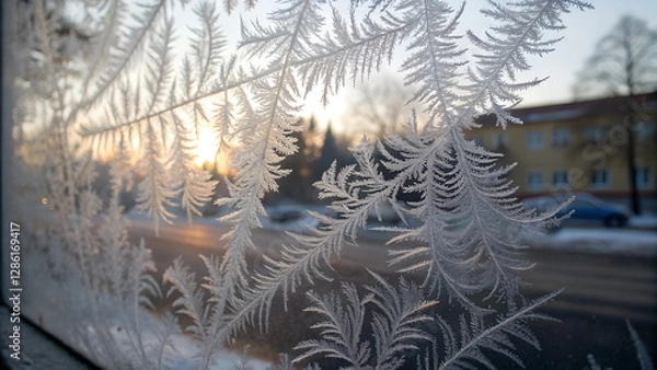 Fototapeta Frosted window with intricate ice patterns and soft winter light