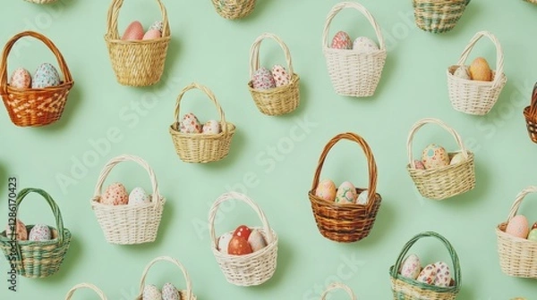 Fototapeta A repeating pattern of different types of Easter baskets on a light green background