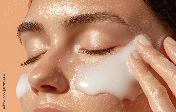 Fototapeta Facial cleansing routine demonstration skincare studio tutorial video indoor setting close-up view beauty concept