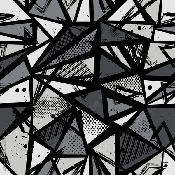 Fototapeta Abstract seamless pattern for girls, boys, clothes. Creative vector background with dots, geometric figures,stripes inscriptions.Funny wallpaper for textile and fabric. Fashion style. Colorful bright.