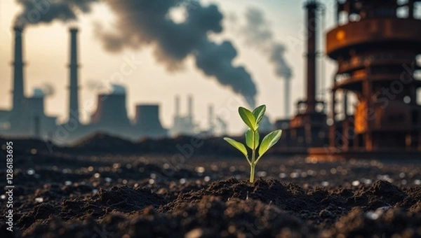 Fototapeta A young seedling bravely sprouts from the earth amidst a sprawling industrial landscape.