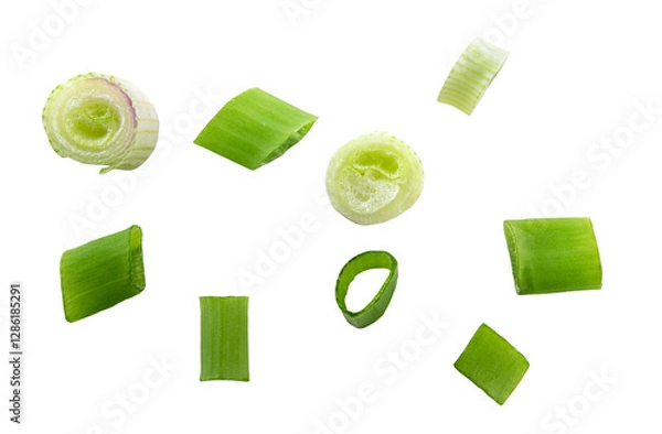 Obraz Falling green onion slices, fresh cut chives isolated on white background