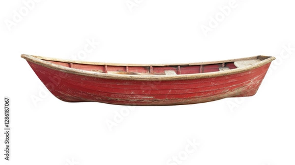 Obraz Weathered red wooden boat rests peacefully on the shore awaiting its next adventure by the calm waters under a clear sky