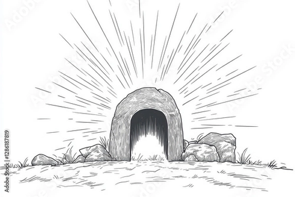 Fototapeta An artistic black and white illustration of the empty tomb of Jesus with radiant light emerging, symbolizing resurrection and hope