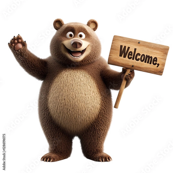 Fototapeta A Happy 3D Cartoon Bear Holding a Sign That Says Welcome Isolated on Transparent Background