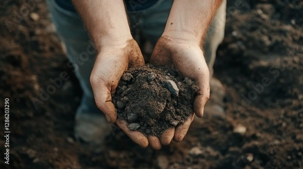 Fototapeta Soil and Degradation concept, Hands holding soil with a focus on earthiness and nature.