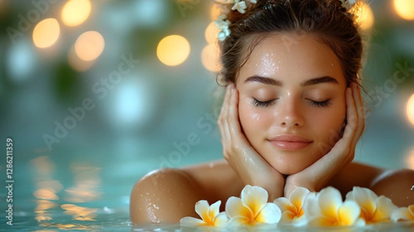 Obraz Serene spa portrait of a woman relaxing in water, luxury spa, golden warm, peaceful, ethereal