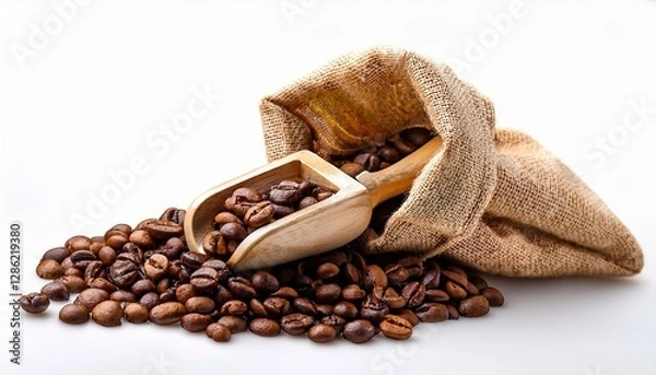 Fototapeta scoop of coffee beans in a bag on white background coffee in scoop isolated top view of coffee