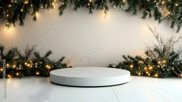 Fototapeta Circular Display Platform Surrounded by Festive Holiday Decorations