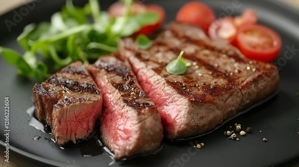 Fototapeta Closeup of a juicy perfectly cooked grilled steak served on a plate with a fresh green salad and ripe tomatoes  The steak is seasoned with herbs and spices