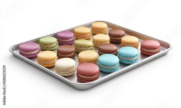 Obraz Colorful macarons arranged on a metal baking sheet against a white backdrop