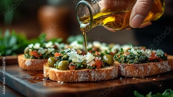 Obraz Olive pesto bruschetta drizzled with olive oil