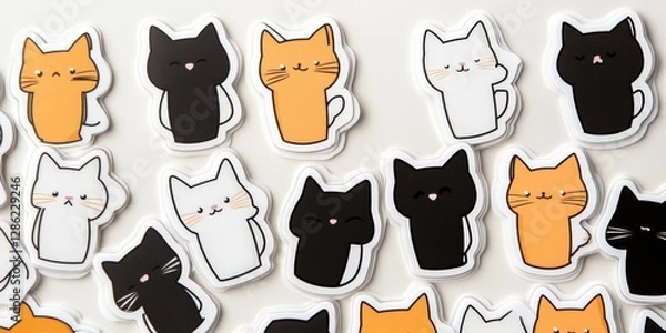 Fototapeta Playful monochrome cat face sticker designs in black white and gold arranged in an eye catching pattern creating a trendy artistic pet themed decorative digital illustration for design enthusiasts