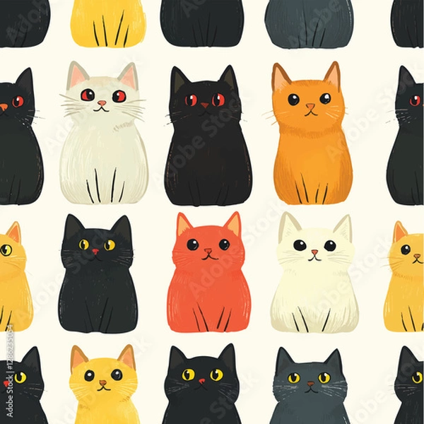 Fototapeta Whimsical Cartoon Cat Grid Pattern – Playful Feline Illustrations on Pastel Background