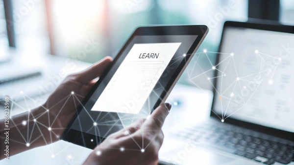 Fototapeta Revolutionizing Learning: Hand Holding Tablet with Holographic Education App in Modern Home Office Setup - Zooming into the Future of Education with Glowing Elements