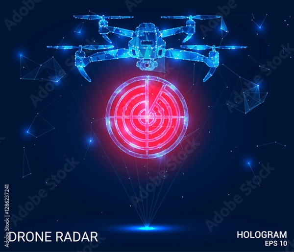 Fototapeta Drone radar hologram. Drone radar is made of polygons, triangles, dots, and lines. Drone radar is a low-poly compound structure. Technology concept vector.