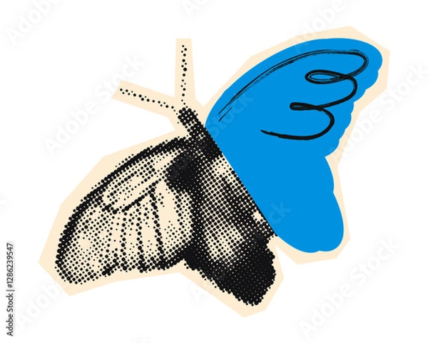 Fototapeta Blue butterfly halftone art collage cut out element. Paper clipping shape, spring or summer insect sticker, dotted texture, doodles and scribbles. Modern retro grunge mixed media vector illustration