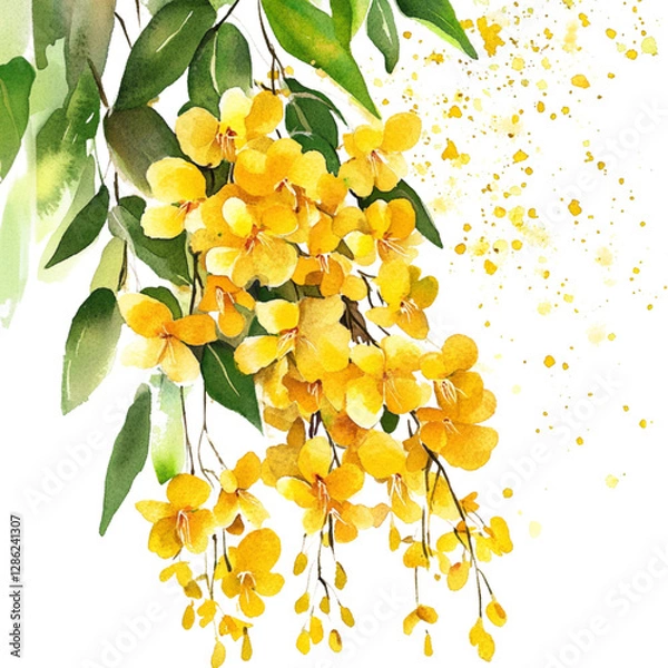 Fototapeta Golden Shower Tree Flowers on White Background with Watercolor Details