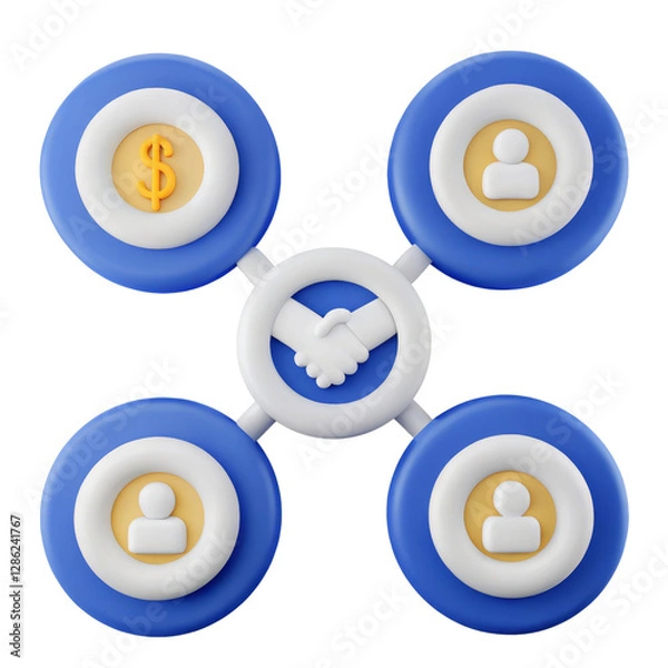 Fototapeta An interconnected design featuring icons representing finance and people, highlighted by a central handshake symbol.