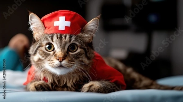 Fototapeta This charming cat in a nurse outfit embodies cuteness and creativity, capturing a delightful essence of pet fashion in a playful and heartwarming scene.