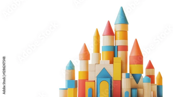 Obraz Colorful wooden blocks create a vibrant castle structure on a white background showcasing creativity and fun