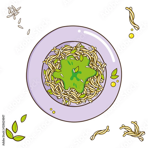 Fototapeta Pesto pasta. Italian sauce and typical pasta with the ingredients: basil, oil and pine nut in a light violet dish. Vector image, isolated on white background, top view.