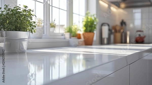 Obraz Sunlit Kitchen Countertop With Fresh Herbs In Pot