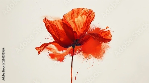Obraz A single red poppy on a white background with red paint splatters behind it.