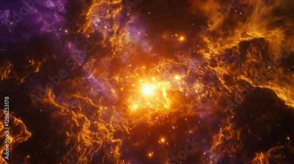 Fototapeta A futuristic star factory builds new suns inside a vibrant nebula, illuminating the void