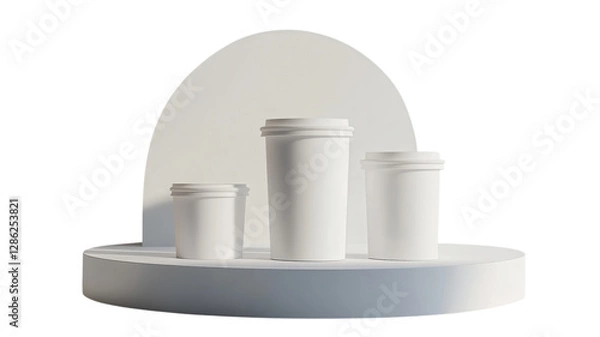 Fototapeta Various sizes of white disposable cups displayed on a minimalistic shelf in a modern setting